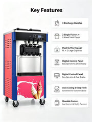 8226 soft serve machine key features: 3 discharge handles, dual 6L mix hopper, digital control panel