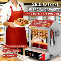 CyperEra CE-HDS26 Commercial Hot Dog Steamer Machine, 26.5QT / 800W Countertop Hot Dog and Bun Warmer Display Cabinet with Low-Water Protection & Drain Valve