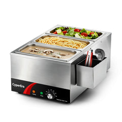 3 tank CyperEra CE-FW19 Commercial Food Warmer 19QT, 1200W Countertop Bain Marie Buffet Warmer, Water Bath Steam Table with Seamless Stainless Steel Tank & Precise Temp Control (86-185°F)