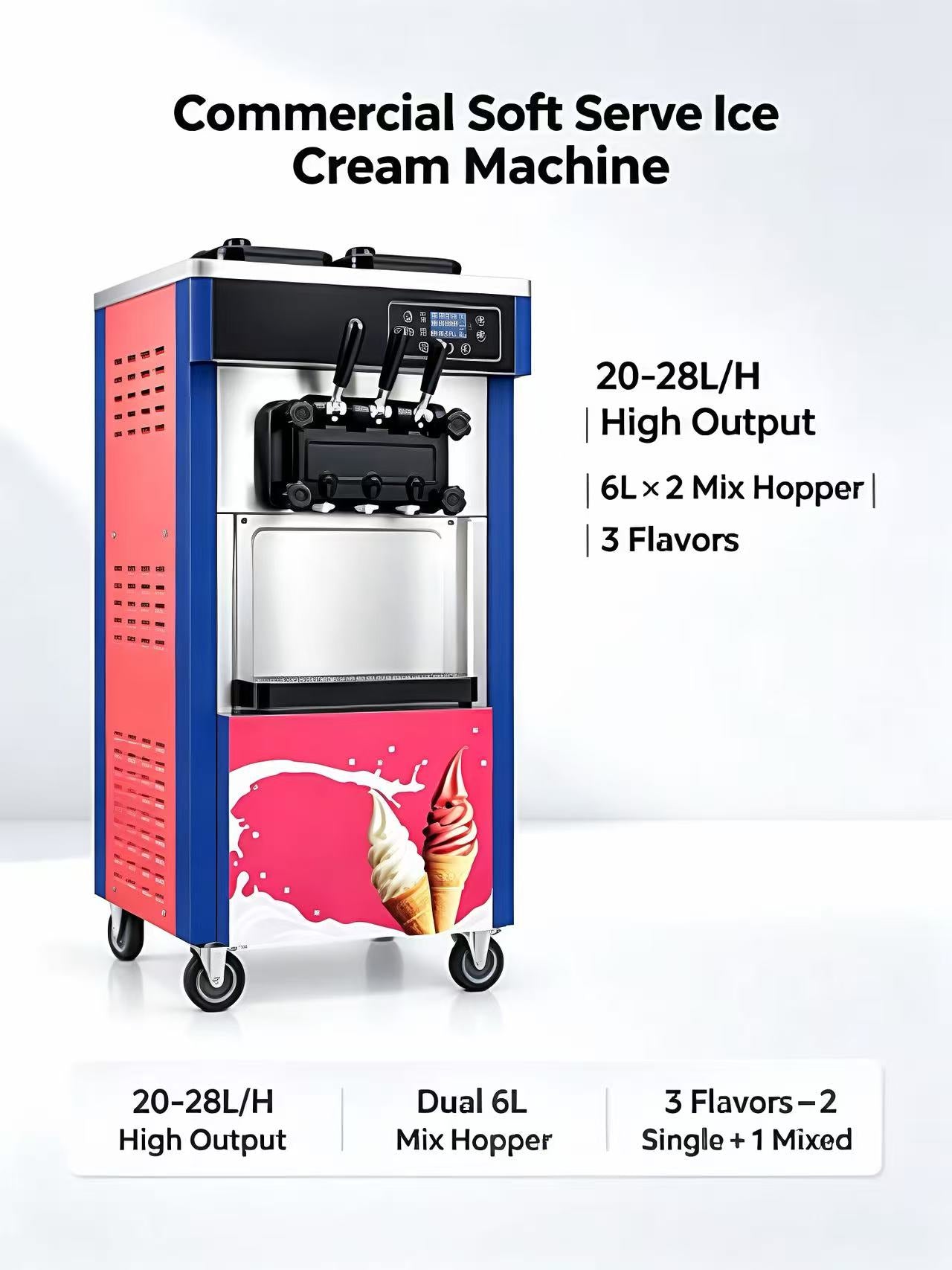 CyperEra 8226 commercial soft serve ice cream machine, 20-28L/H, dual 6L mix hoppers, 3 flavors