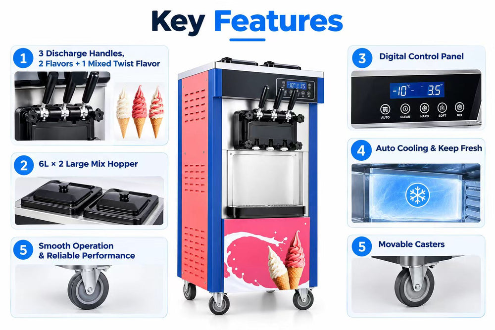 8226 soft serve machine features: 3 flavors, 6L*2 hoppers, -10 to 35 degree digital control