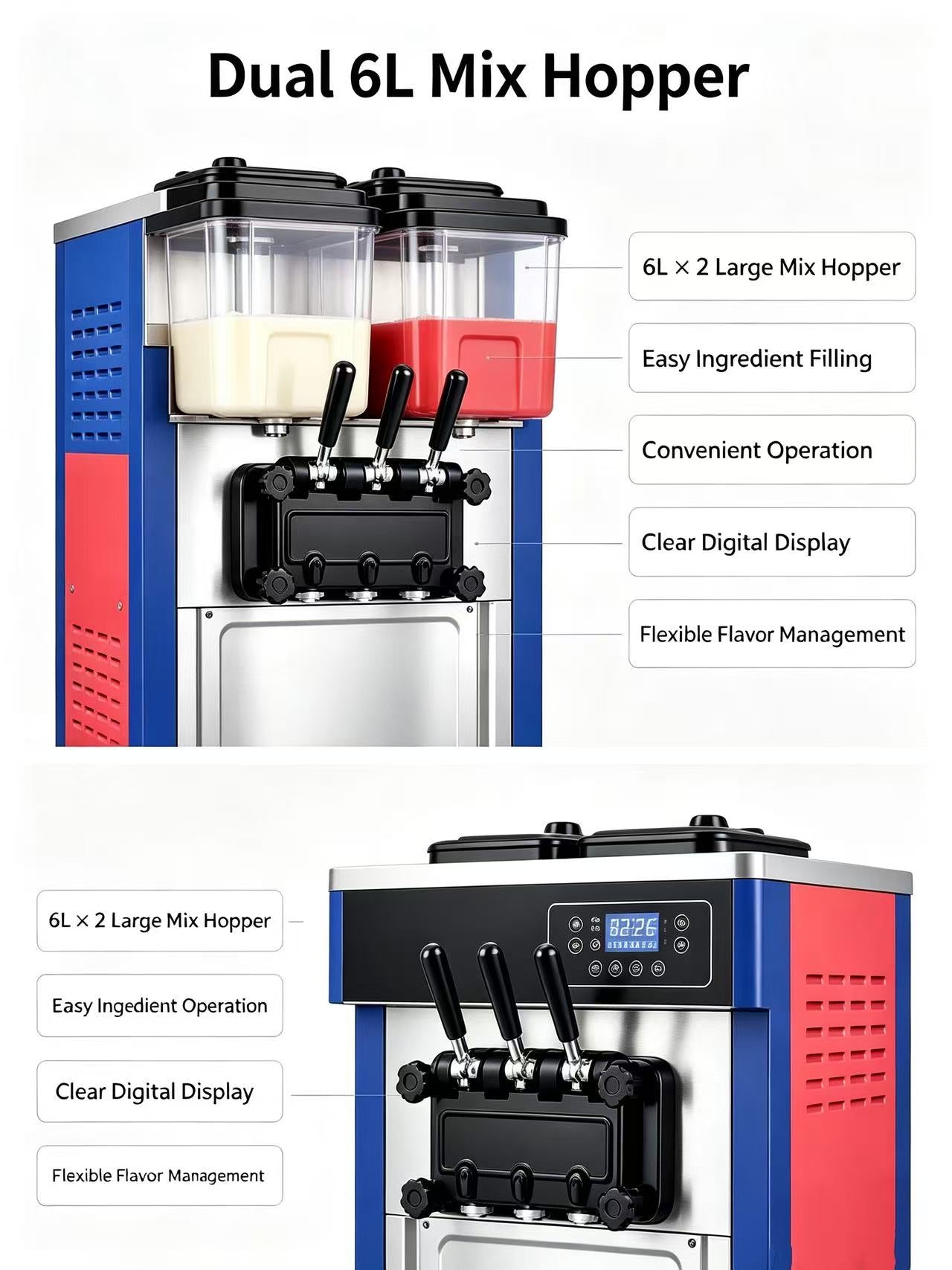8226 soft serve machine dual 6L mix hopper detail, easy ingredient operation, clear digital display and flexible flavor management