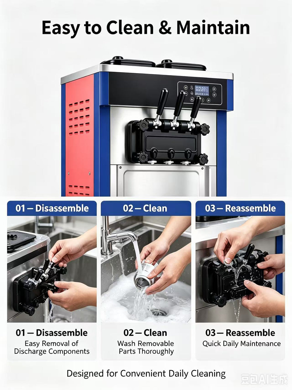 8226 soft serve machine easy to clean: disassemble, wash and reassemble in 3 steps