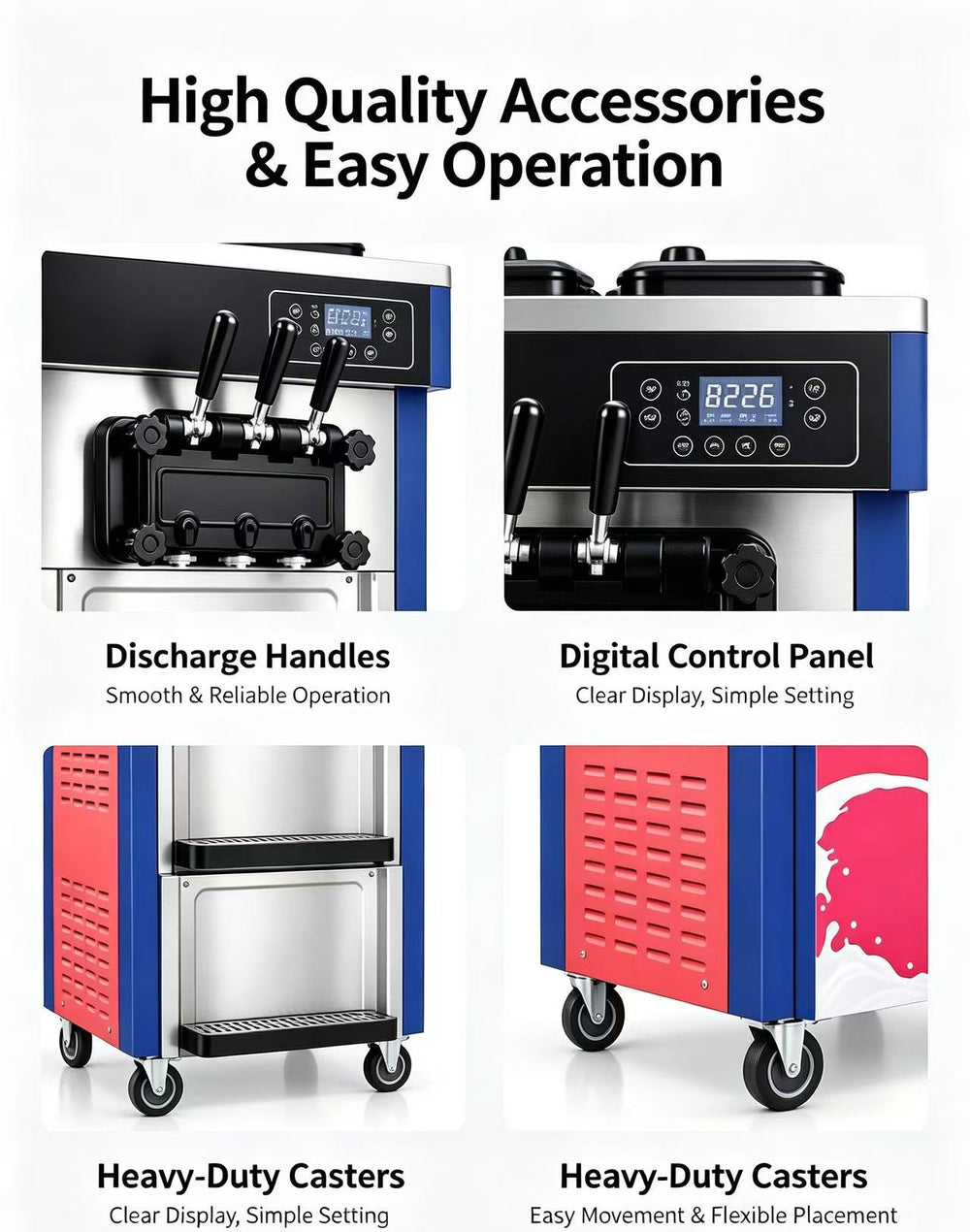8226 soft serve machine discharge handles, digital control panel and heavy-duty casters