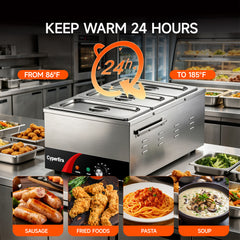 3 tank CyperEra CE-FW19 Commercial Food Warmer 19QT, 1200W Countertop Bain Marie Buffet Warmer, Water Bath Steam Table with Seamless Stainless Steel Tank & Precise Temp Control (86-185°F)