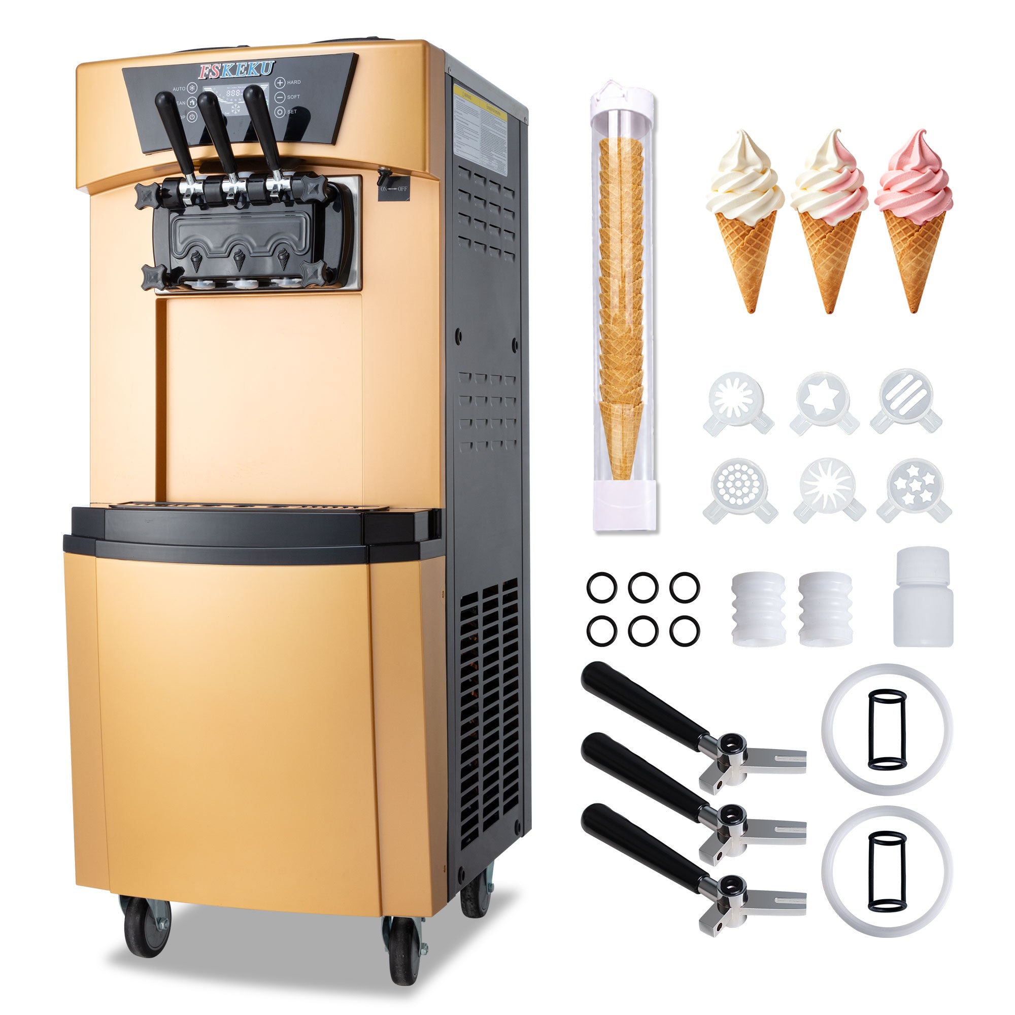 ITO‑9228 Commercial 3 Flavors Soft Serve Ice Cream Machine 22‑30L/H Floor Standing Stainless Steel Ice Cream Maker With Cone Holder For Cafe Dessert Shop