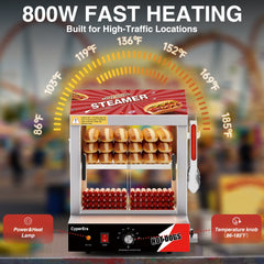 CyperEra CE-HDS26 Commercial Hot Dog Steamer Machine, 26.5QT / 800W Countertop Hot Dog and Bun Warmer Display Cabinet with Low-Water Protection & Drain Valve