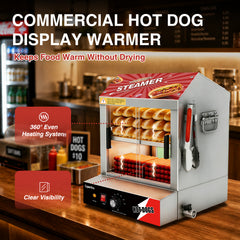 CyperEra CE-HDS26 Commercial Hot Dog Steamer Machine, 26.5QT / 800W Countertop Hot Dog and Bun Warmer Display Cabinet with Low-Water Protection & Drain Valve