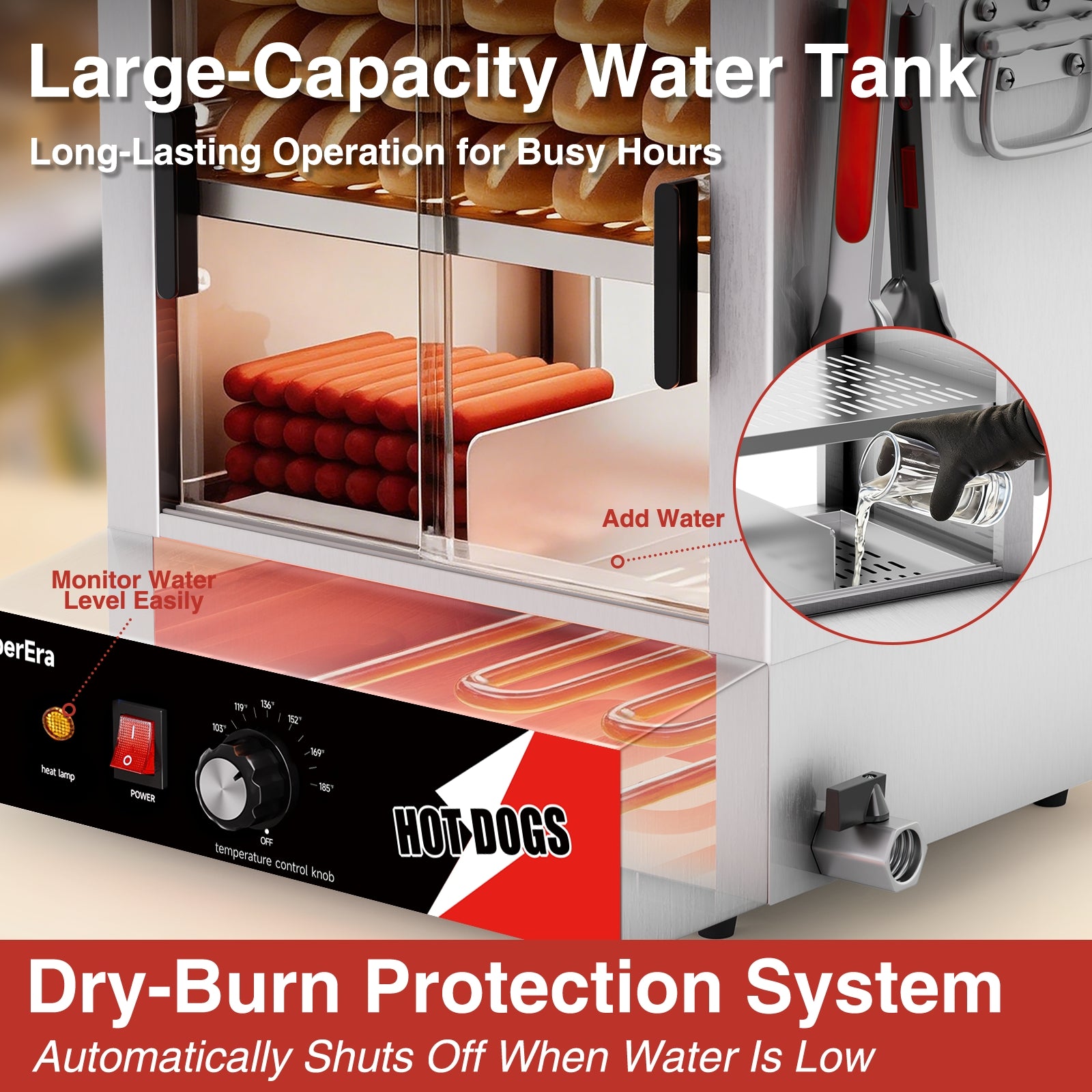 CyperEra CE-HDS26 Commercial Hot Dog Steamer Machine, 26.5QT / 800W Countertop Hot Dog and Bun Warmer Display Cabinet with Low-Water Protection & Drain Valve