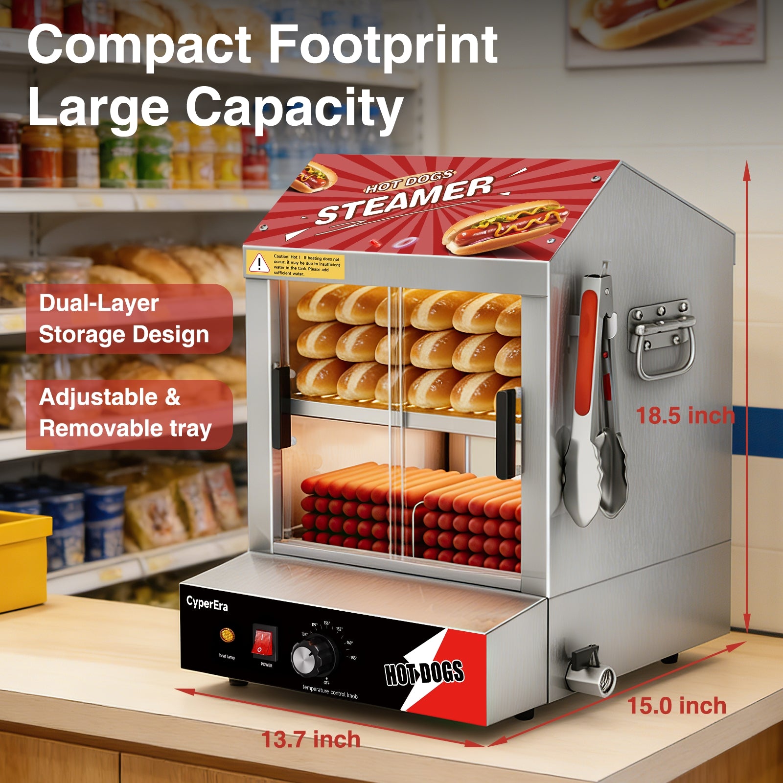 CyperEra CE-HDS26 Commercial Hot Dog Steamer Machine, 26.5QT / 800W Countertop Hot Dog and Bun Warmer Display Cabinet with Low-Water Protection & Drain Valve