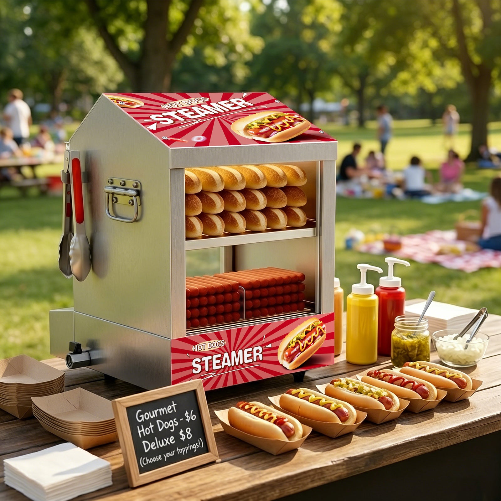 CyperEra CE-HDS26 Commercial Hot Dog Steamer Machine, 26.5QT / 800W Countertop Hot Dog and Bun Warmer Display Cabinet with Low-Water Protection & Drain Valve