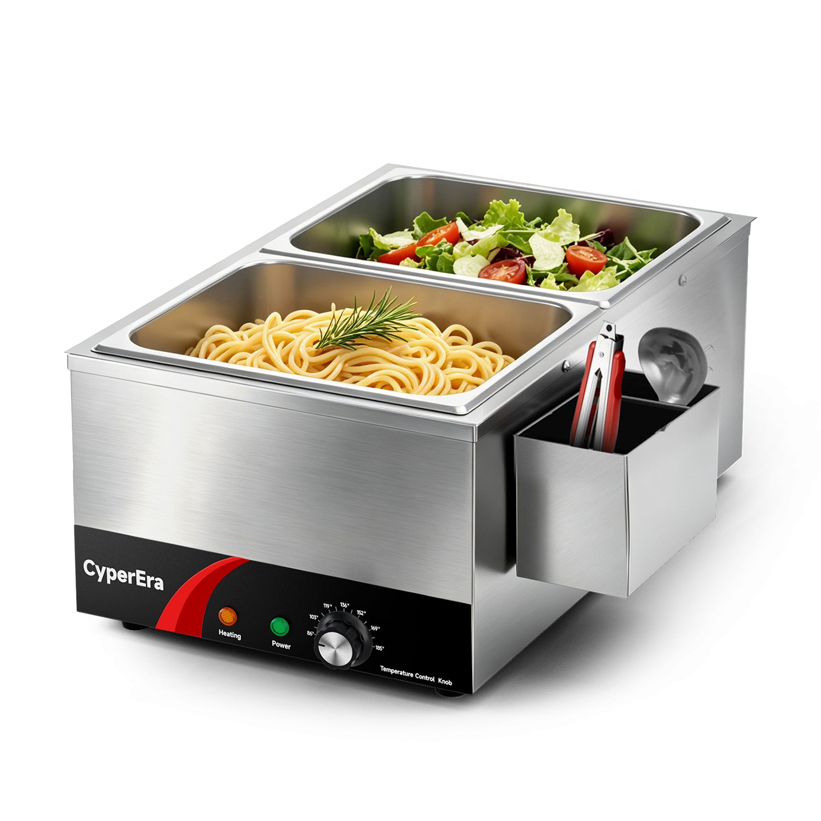 2 tank CyperEra CE-FW19 Commercial Food Warmer 19QT, 1200W Countertop Bain Marie Buffet Warmer, Water Bath Steam Table with Seamless Stainless Steel Tank & Precise Temp Control (86-185°F)