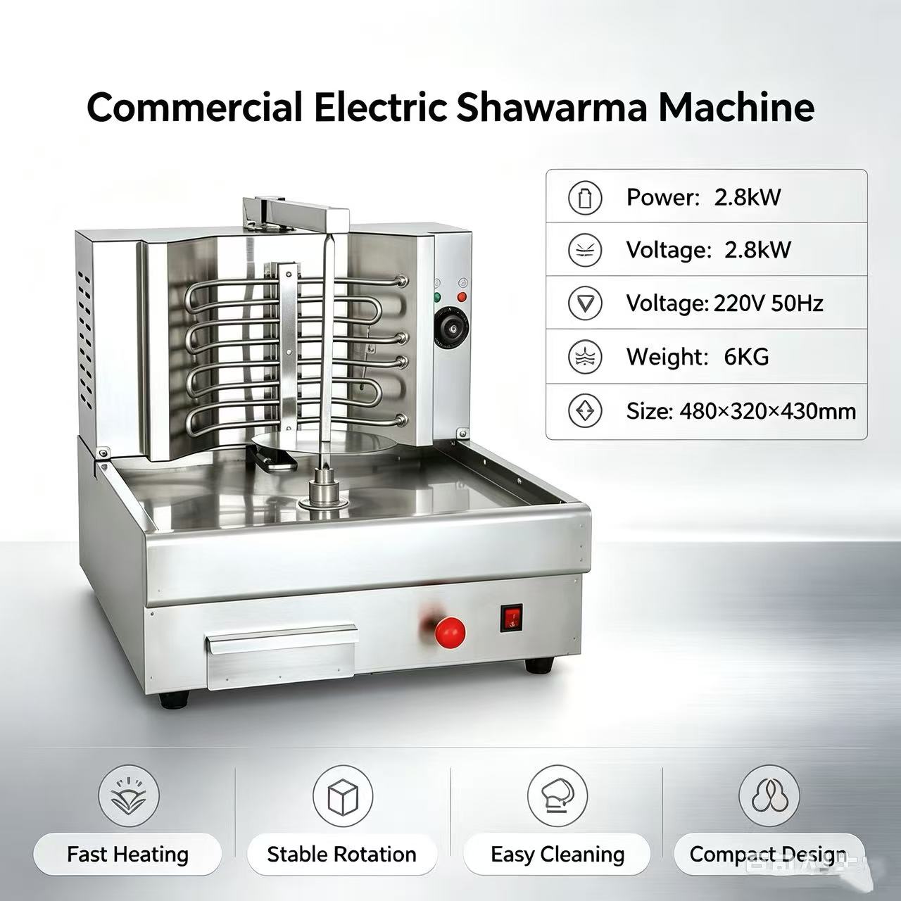 CyperEra CG‑982 Electric Vertical Shawarma Grill, Tabletop Doner Kebab Machine with Emergency Stop Button