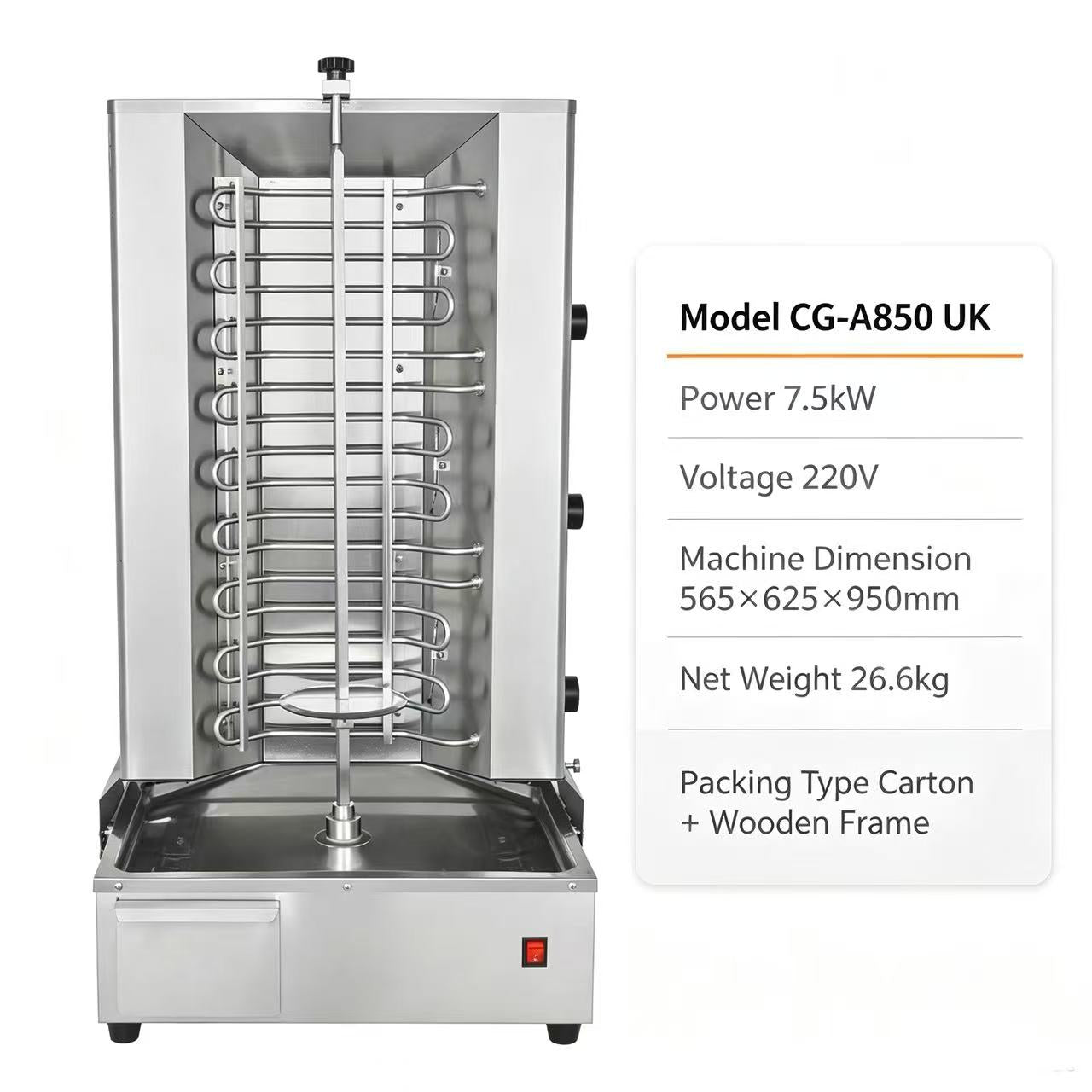 CyperEra CG‑A850 UK 7.5KW Electric Vertical Shawarma Grill, Commercial Doner Kebab Roaster
