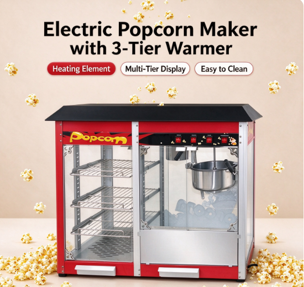 8oz Commercial Popcorn Machine With 3-Tier Warming Display Cabinet
