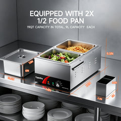 2 tank CyperEra CE-FW19 Commercial Food Warmer 19QT, 1200W Countertop Bain Marie Buffet Warmer, Water Bath Steam Table with Seamless Stainless Steel Tank & Precise Temp Control (86-185°F)