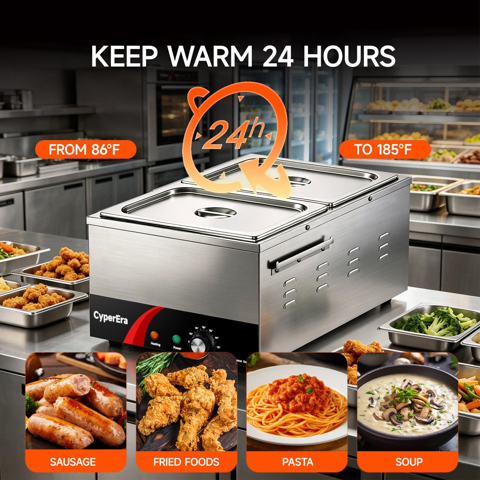 2 tank CyperEra CE-FW19 Commercial Food Warmer 19QT, 1200W Countertop Bain Marie Buffet Warmer, Water Bath Steam Table with Seamless Stainless Steel Tank & Precise Temp Control (86-185°F)