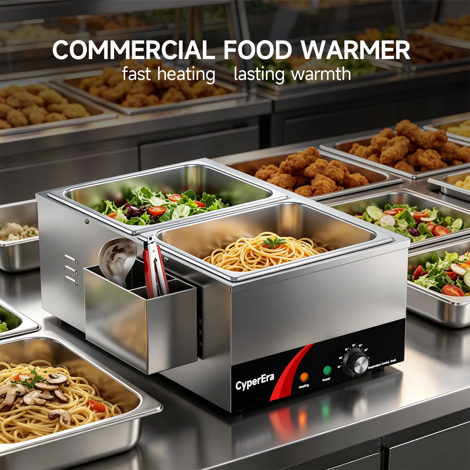 2 tank CyperEra CE-FW19 Commercial Food Warmer 19QT, 1200W Countertop Bain Marie Buffet Warmer, Water Bath Steam Table with Seamless Stainless Steel Tank & Precise Temp Control (86-185°F)