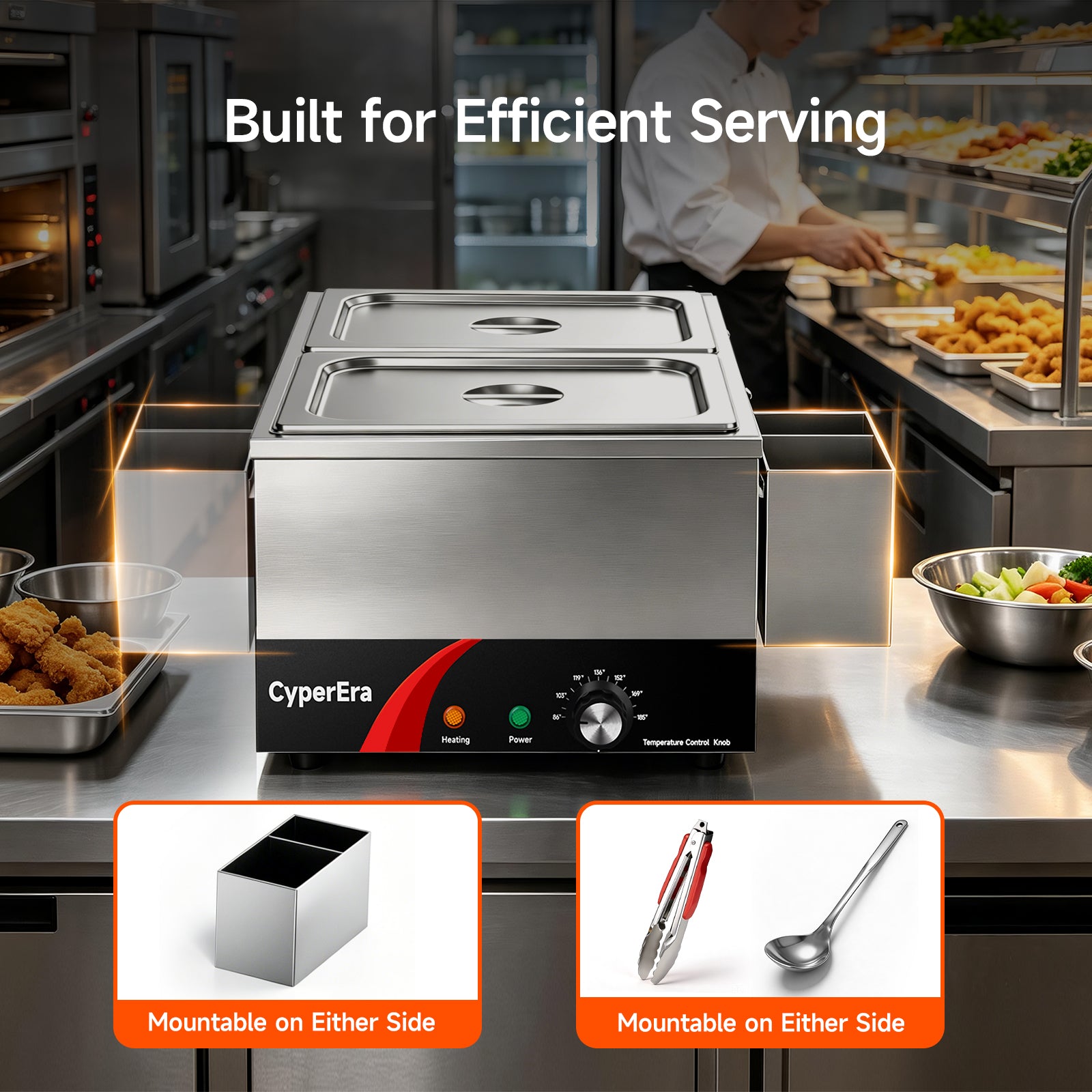 2 tank CyperEra CE-FW19 Commercial Food Warmer 19QT, 1200W Countertop Bain Marie Buffet Warmer, Water Bath Steam Table with Seamless Stainless Steel Tank & Precise Temp Control (86-185°F)