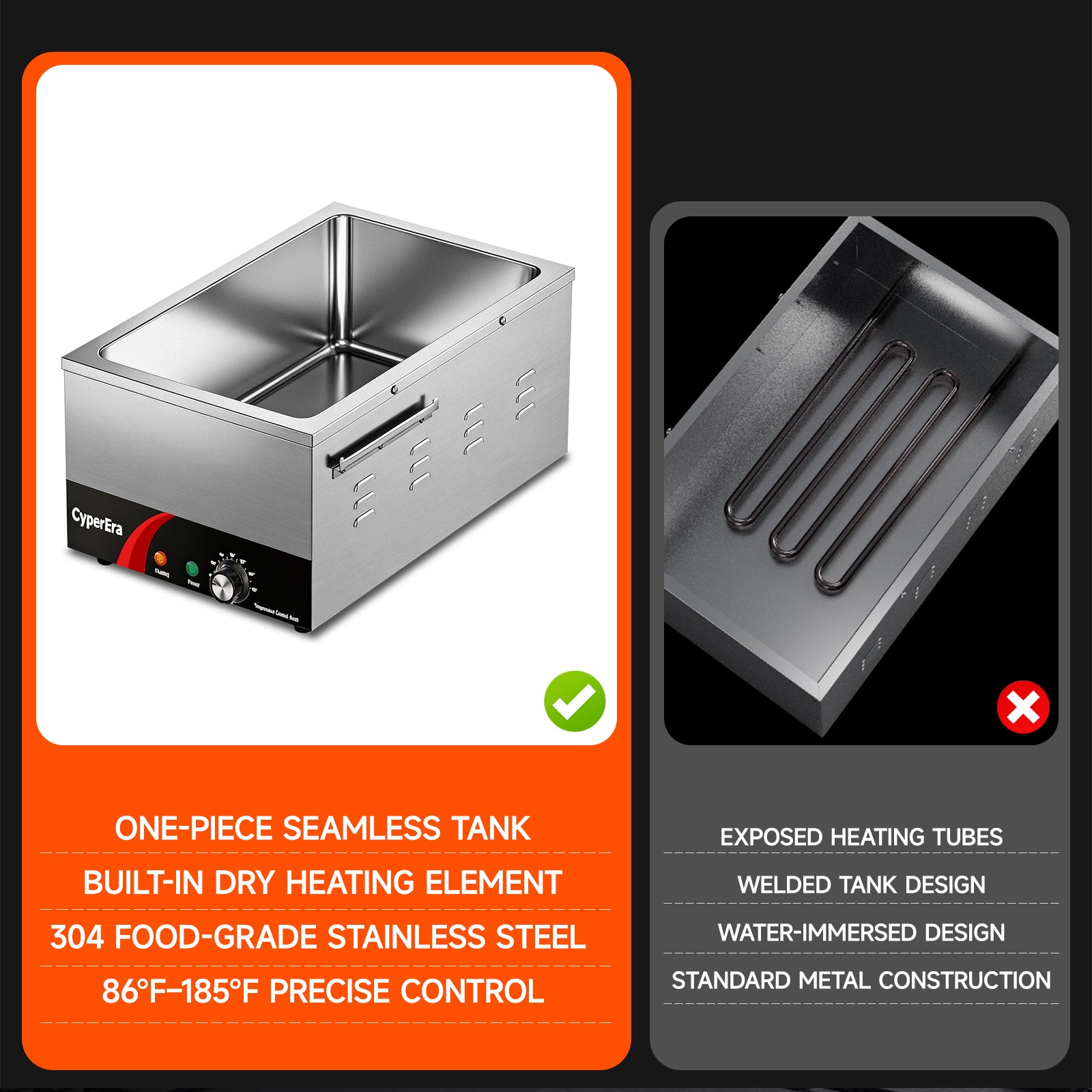3 tank CyperEra CE-FW19 Commercial Food Warmer 19QT, 1200W Countertop Bain Marie Buffet Warmer, Water Bath Steam Table with Seamless Stainless Steel Tank & Precise Temp Control (86-185°F)
