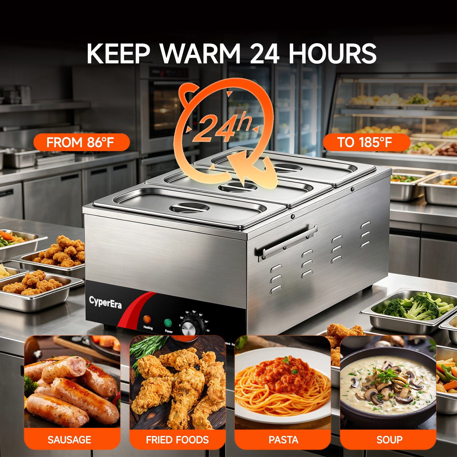 3 tank CyperEra CE-FW19 Commercial Food Warmer 19QT, 1200W Countertop Bain Marie Buffet Warmer, Water Bath Steam Table with Seamless Stainless Steel Tank & Precise Temp Control (86-185°F)