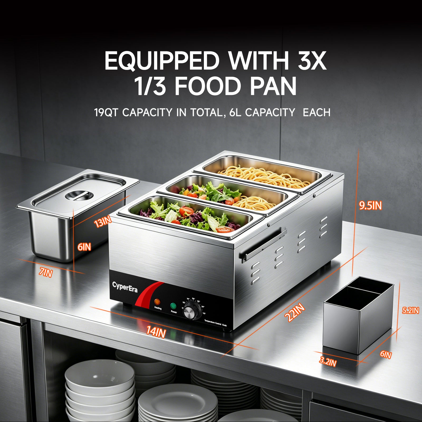 3 tank CyperEra CE-FW19 Commercial Food Warmer 19QT, 1200W Countertop Bain Marie Buffet Warmer, Water Bath Steam Table with Seamless Stainless Steel Tank & Precise Temp Control (86-185°F)