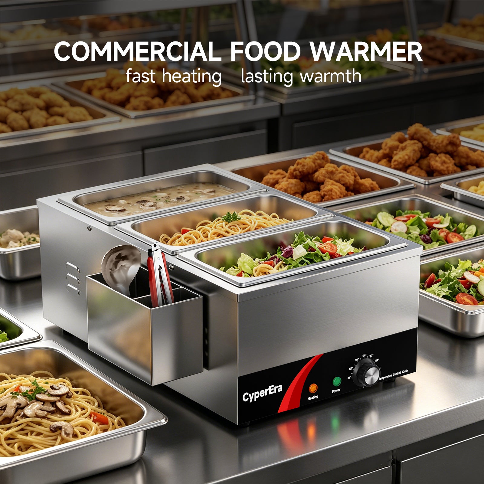 3 tank CyperEra CE-FW19 Commercial Food Warmer 19QT, 1200W Countertop Bain Marie Buffet Warmer, Water Bath Steam Table with Seamless Stainless Steel Tank & Precise Temp Control (86-185°F)