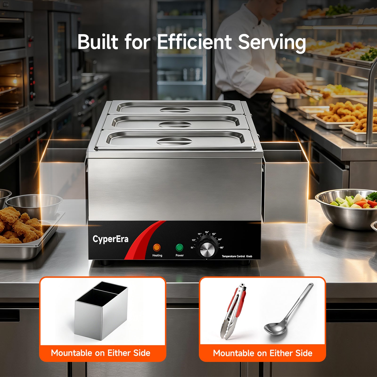 3 tank CyperEra CE-FW19 Commercial Food Warmer 19QT, 1200W Countertop Bain Marie Buffet Warmer, Water Bath Steam Table with Seamless Stainless Steel Tank & Precise Temp Control (86-185°F)