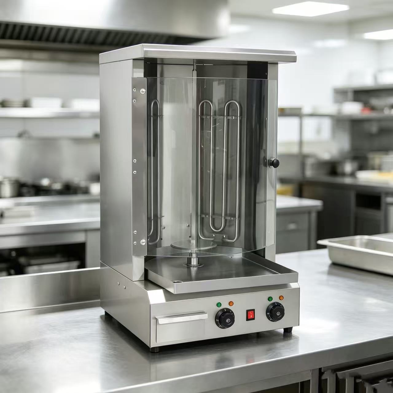 CyperEra CG‑455A 5KW Tabletop Electric Vertical Shawarma Grill, Commercial Doner Kebab Machine with Curved Glass