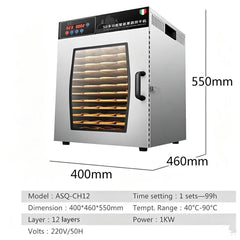 CyperEraCH12 Commercial 12 Trays Food Dehydrator Machine 40 to 90℃ Adjustable Temp Stainless Steel Fruit Vegetable Dryer