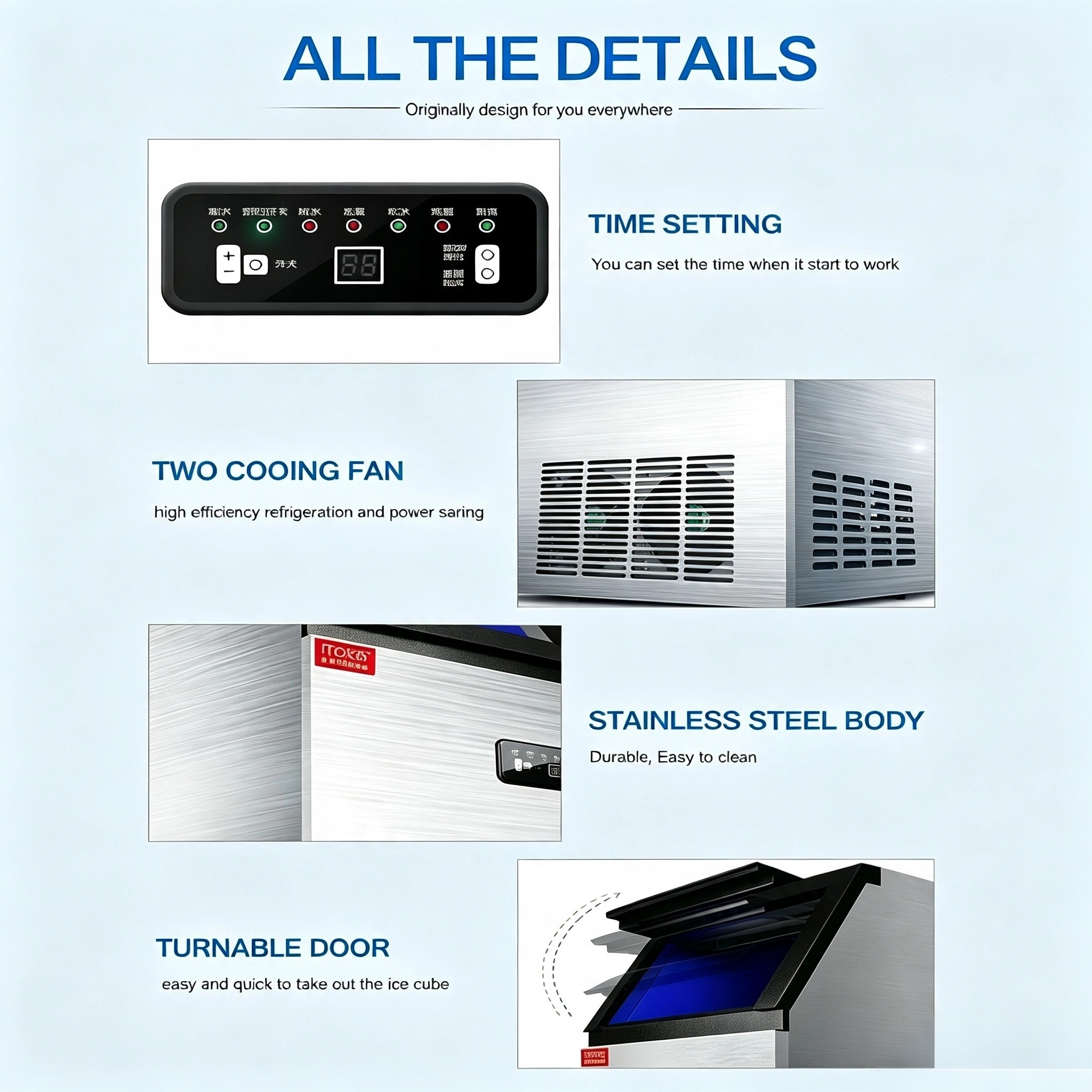 CyperEra ITO90PF 45kg Commercial Ice Cube Machine, 240W