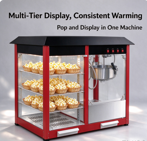 8oz Commercial Popcorn Machine With 3-Tier Warming Display Cabinet